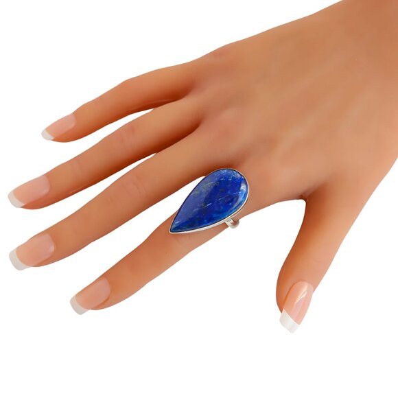 Genuine Lapis Lazuli Pear Cut Statement Ring in 925 Sterling Silver - Picture 6 of 7